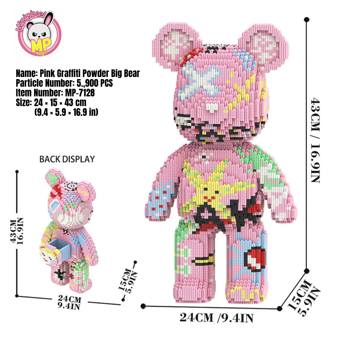 MPIN 7128 | Graffiti Pink Bear - Cute Power Bear DIY Building Block Set (6,250 Pcs) - 43cm