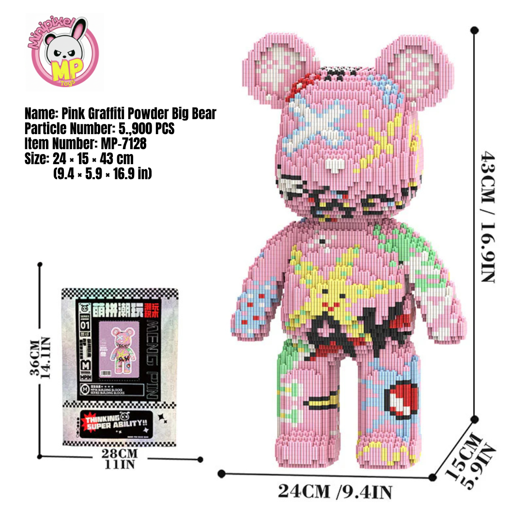 MPIN 7128 | Graffiti Pink Bear - Cute Power Bear DIY Building Block Set (6,250 Pcs) - 43cm