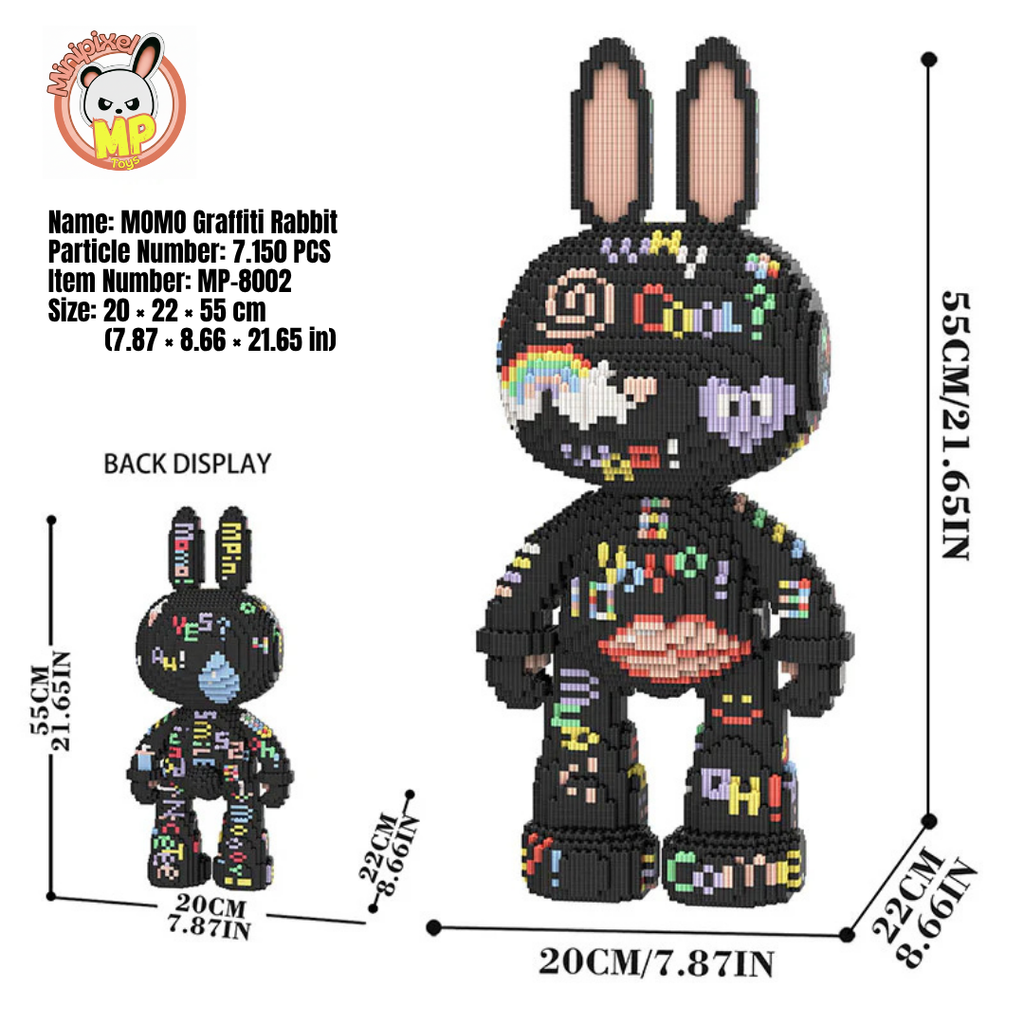 MPIN M8002 MOMO Scribble Rabbit Klemmbausteine (7150 Teile), 55 cm, Graffiti Hase Mikro-3D Tier-Bausteine für Erwachsene und Kinder, DIY Klemmbaustein Set, Street-Art Deko & Sammlerstück