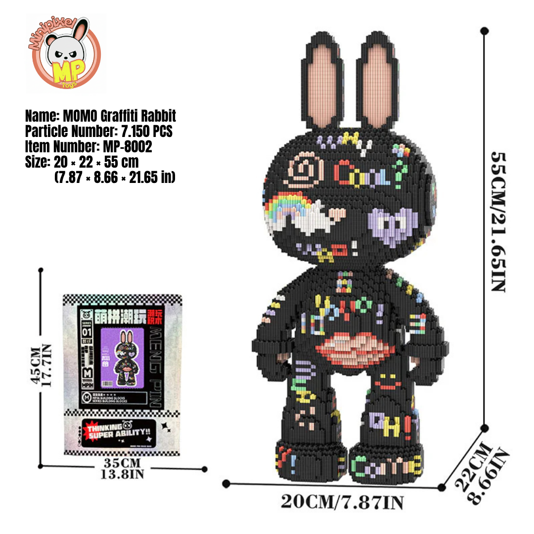 MPIN M8002 MOMO Scribble Rabbit Klemmbausteine (7150 Teile), 55 cm, Graffiti Hase Mikro-3D Tier-Bausteine für Erwachsene und Kinder, DIY Klemmbaustein Set, Street-Art Deko & Sammlerstück