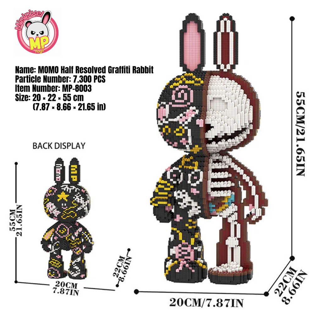 MPIN M8003 MOMO Half-Anatomical Scribble Rabbit Klemmbausteine (7300 Teile), 55 cm, Anatomie Graffiti Hase Mikro-3D Tier-Bausteine für Erwachsene und Kinder, DIY Klemmbaustein Set, Kunst Deko