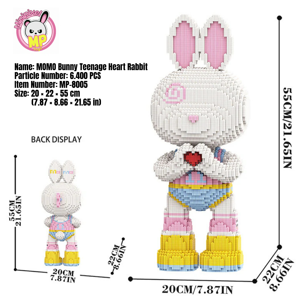 MPIN M8005 MOMO Heart Gesture Rabbit Klemmbausteine (6400 Teile), 55 cm, Herz Hase Mikro-3D Tier-Bausteine für Erwachsene und Kinder, DIY Klemmbaustein Set, Süße Deko & Sammlerstück