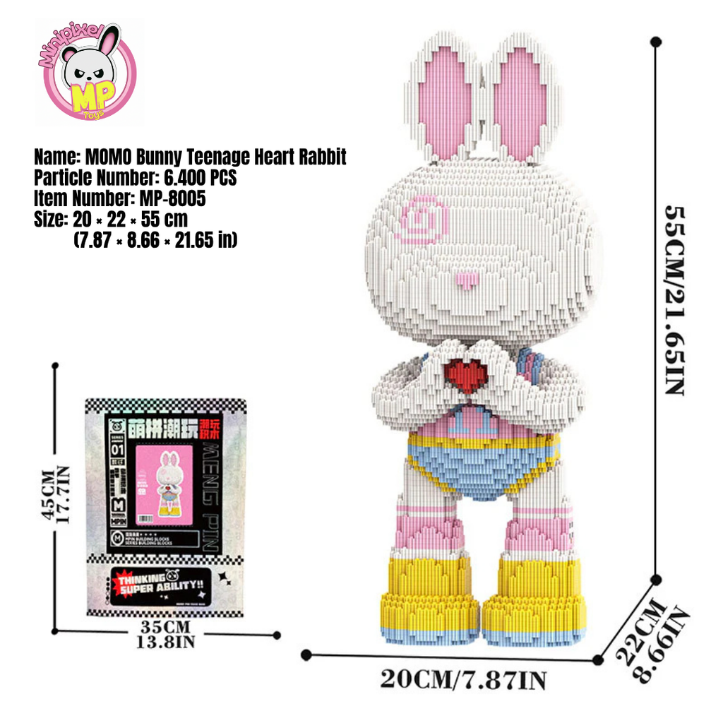 MPIN M8005 MOMO Heart Gesture Rabbit Klemmbausteine (6400 Teile), 55 cm, Herz Hase Mikro-3D Tier-Bausteine für Erwachsene und Kinder, DIY Klemmbaustein Set, Süße Deko & Sammlerstück