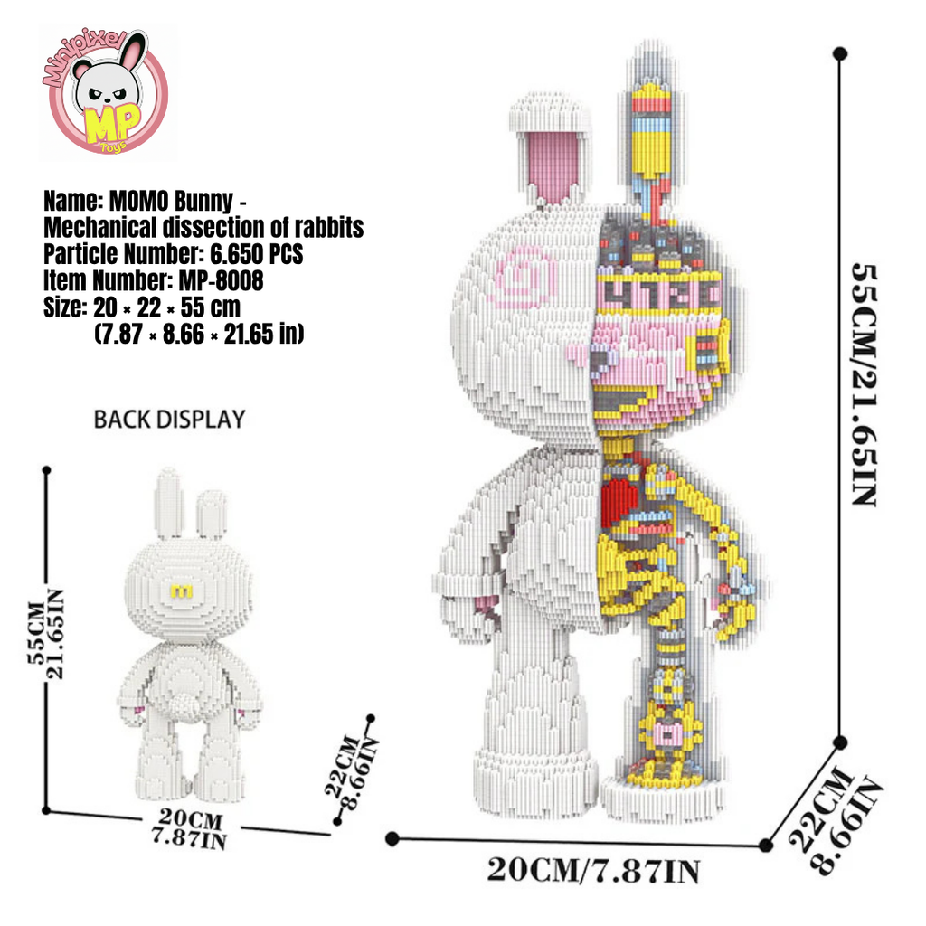 MPIN M8008 MOMO Mechanical Half-Anatomical Rabbit (6650 Teile), 55 cm, Mechanischer Anatomie-Hase, Mikro-3D Klemmbaustein Set für Erwachsene und Jugendliche, Mecha Deko & Sammlerstück