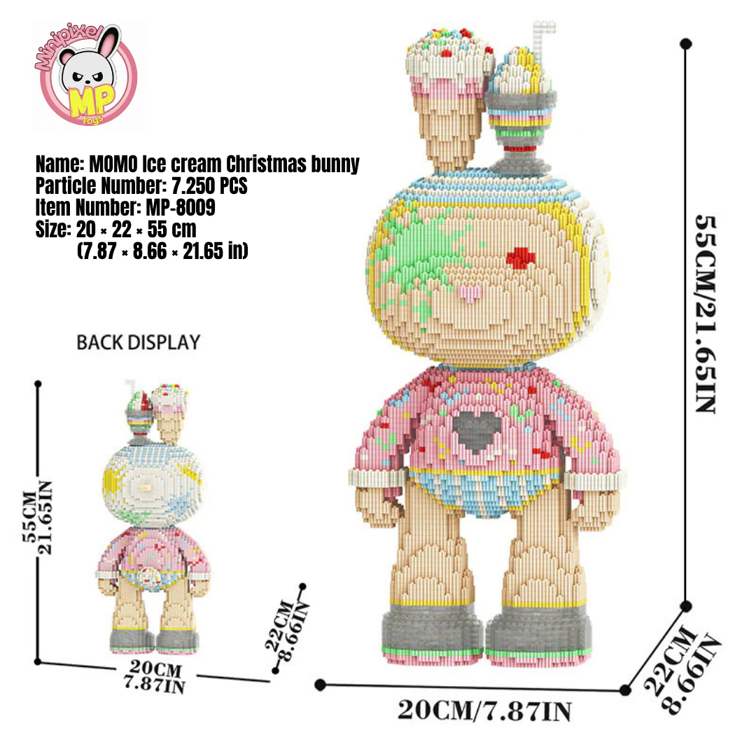 MPIN M8009 MOMO Ice Cream Bunny (7250 Teile), 55 cm, Eiscreme Weihnachts-Hase, Mikro-3D Klemmbaustein Set für Erwachsene und Jugendliche, Süße Deko & Sammlerstück