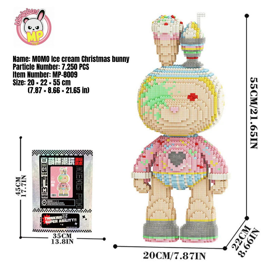 MPIN M8009 MOMO Ice Cream Bunny (7250 Teile), 55 cm, Eiscreme Weihnachts-Hase, Mikro-3D Klemmbaustein Set für Erwachsene und Jugendliche, Süße Deko & Sammlerstück