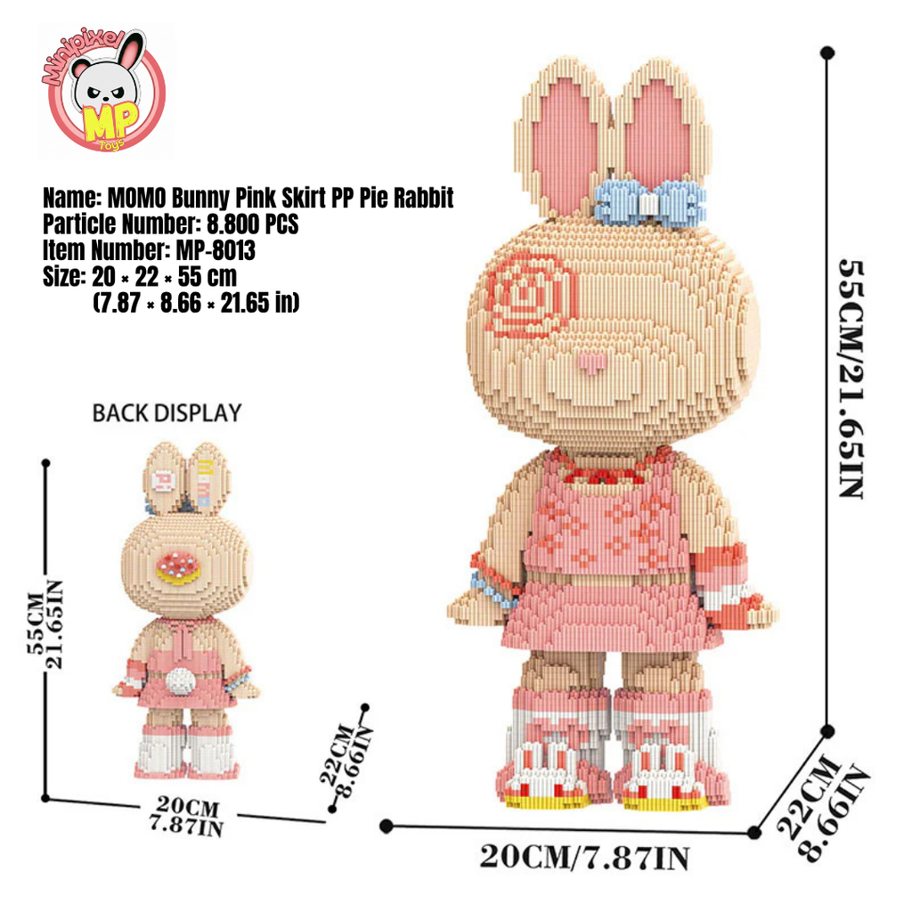 MPIN M8013 MOMO Pink Skirt Bunny (6900 Teile), 55 cm, Hase mit Rosa Kleid im Cute Style, Mikro-3D Klemmbaustein Set für Erwachsene und Jugendliche, DIY Dekofigur & Sammlerstück