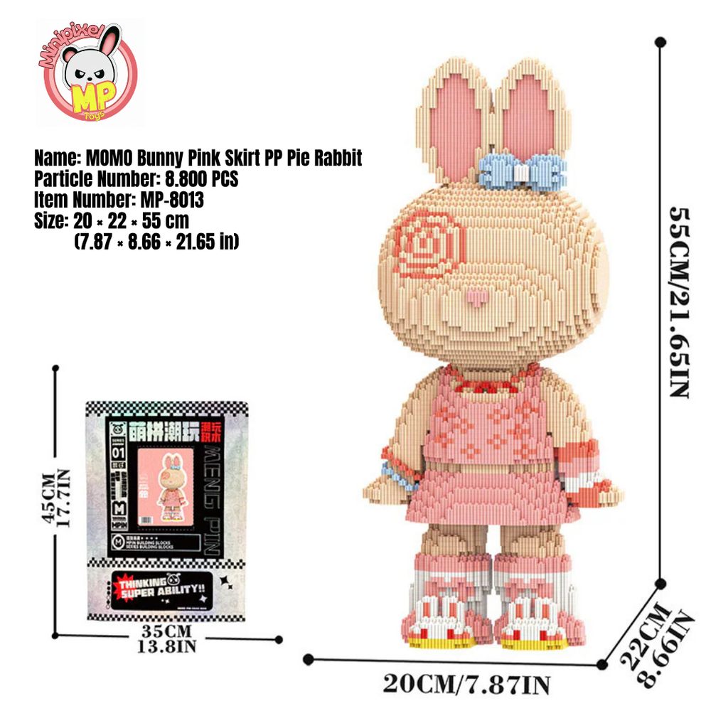 MPIN M8013 MOMO Pink Skirt Bunny (6900 Teile), 55 cm, Hase mit Rosa Kleid im Cute Style, Mikro-3D Klemmbaustein Set für Erwachsene und Jugendliche, DIY Dekofigur & Sammlerstück