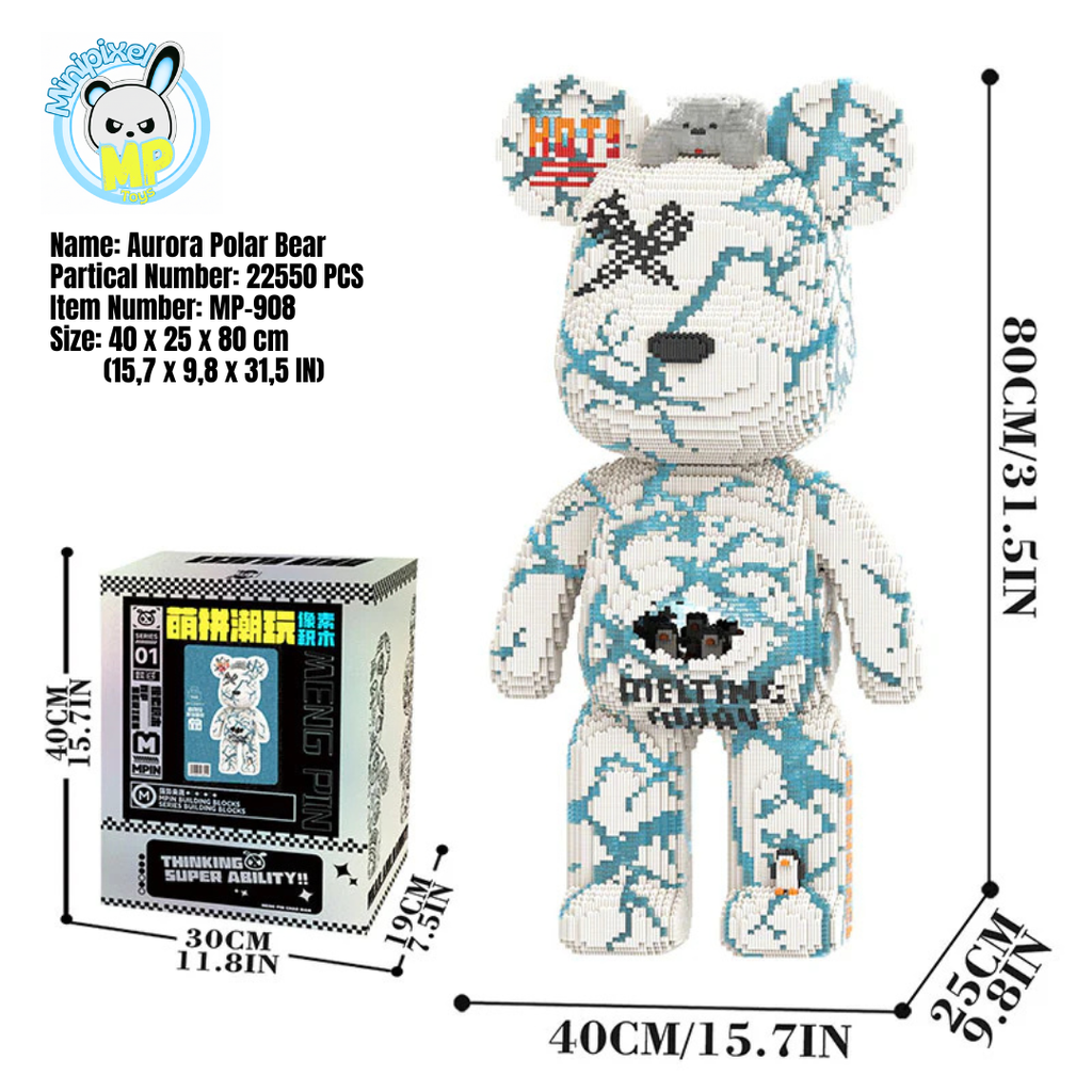 MPIN M908 Bärenbausteine (22550 Stück), 80 cm, XXL Bärenbausteine, Mikro-3D-Tierbausteine für Erwachsene und Kinder, Heim- und Bürodekoration, Geburtstags- und Valentstagsgeschenke (Aurora Polar Bär)