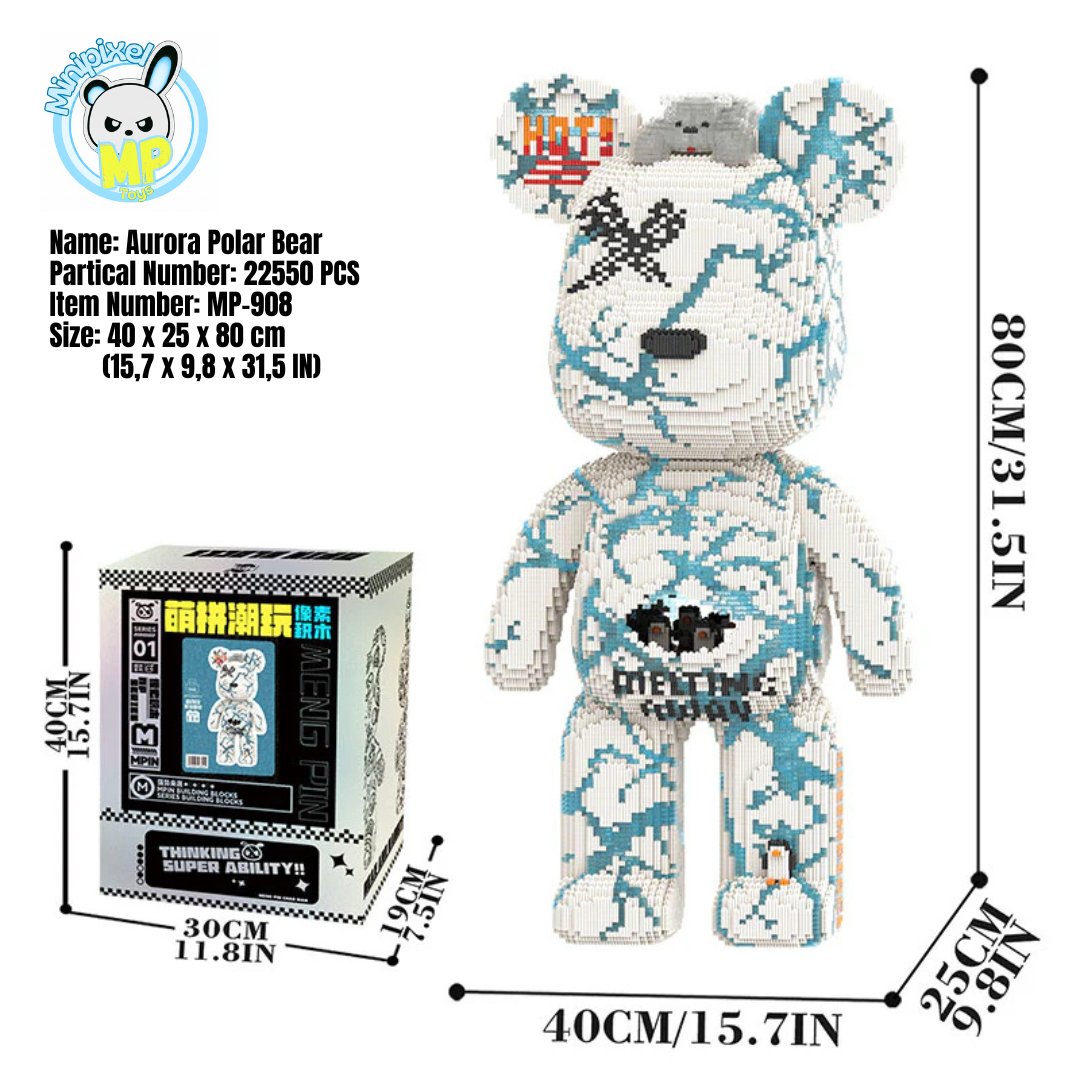 MPIN M908 Bärenbausteine (22550 Stück), 80 cm, XXL Bärenbausteine, Mikro-3D-Tierbausteine für Erwachsene und Kinder, Heim- und Bürodekoration, Geburtstags- und Valentstagsgeschenke (Aurora Polar Bär)