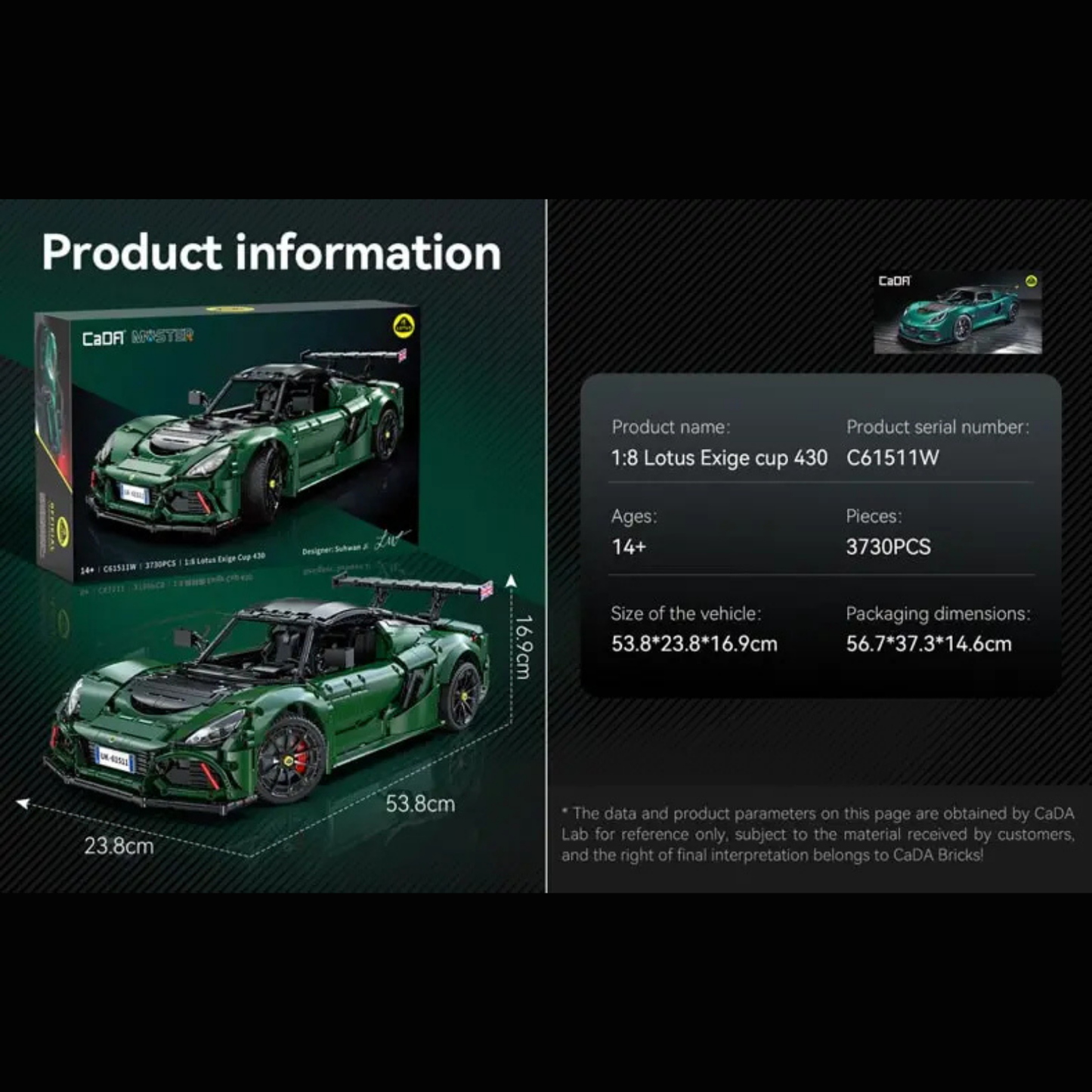 CaDA Master Lotus Exige Cup 430 Licensed Supercar 1:8 Scale (C61511W) - (Static)